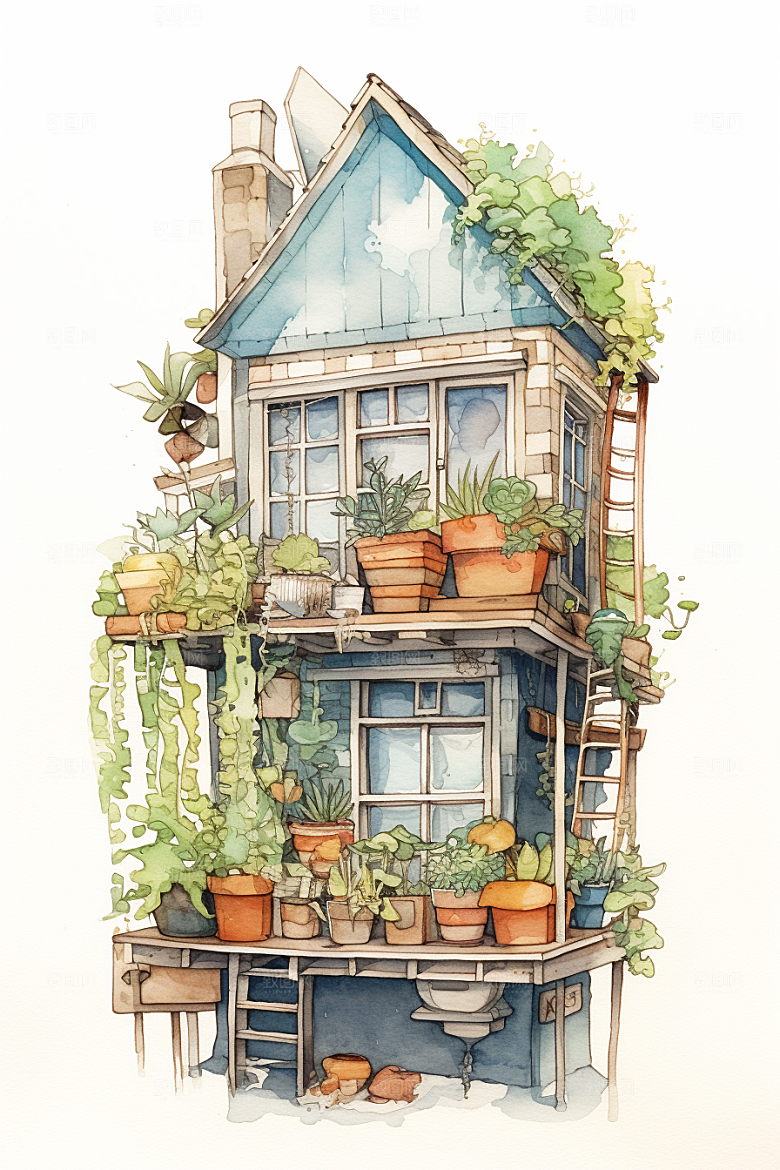 自然小屋花草清新水彩插画