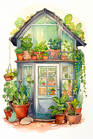 自然小屋绿色清新水彩插画