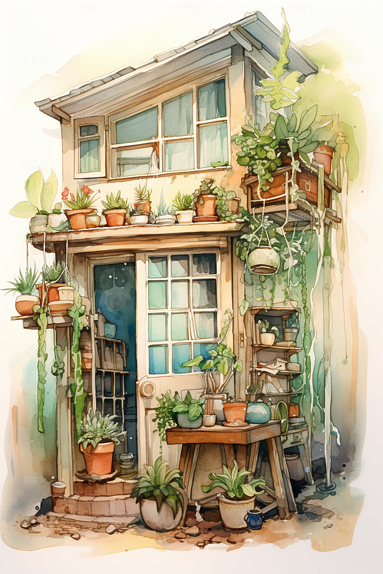 自然小屋别墅庭院水彩插画