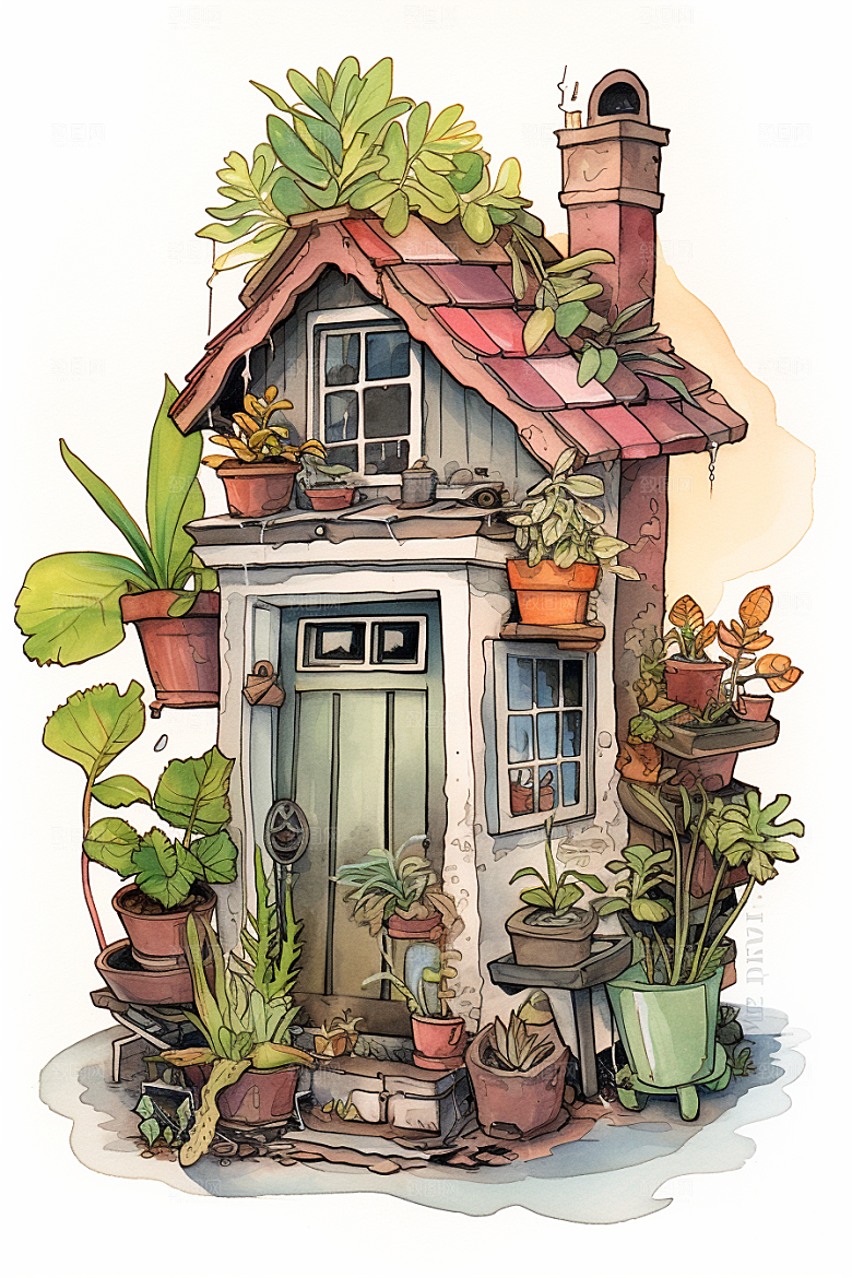 自然小屋手绘植物水彩插画