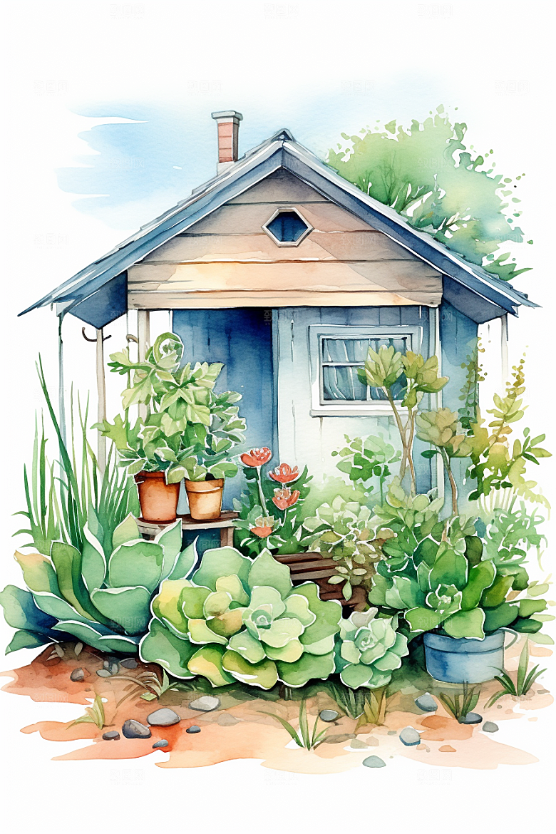 自然小屋庭院高清水彩插画