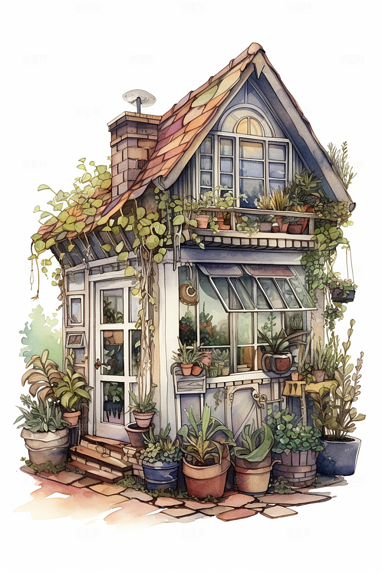自然小屋花草绿色水彩插画