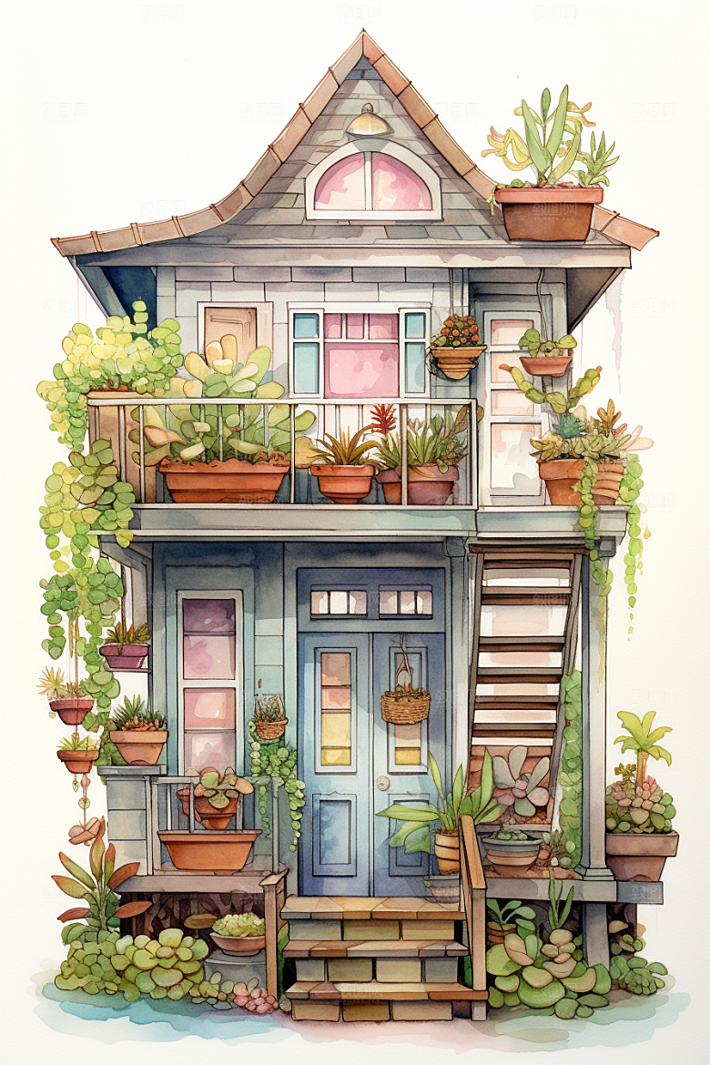自然小屋手绘唯美水彩插画