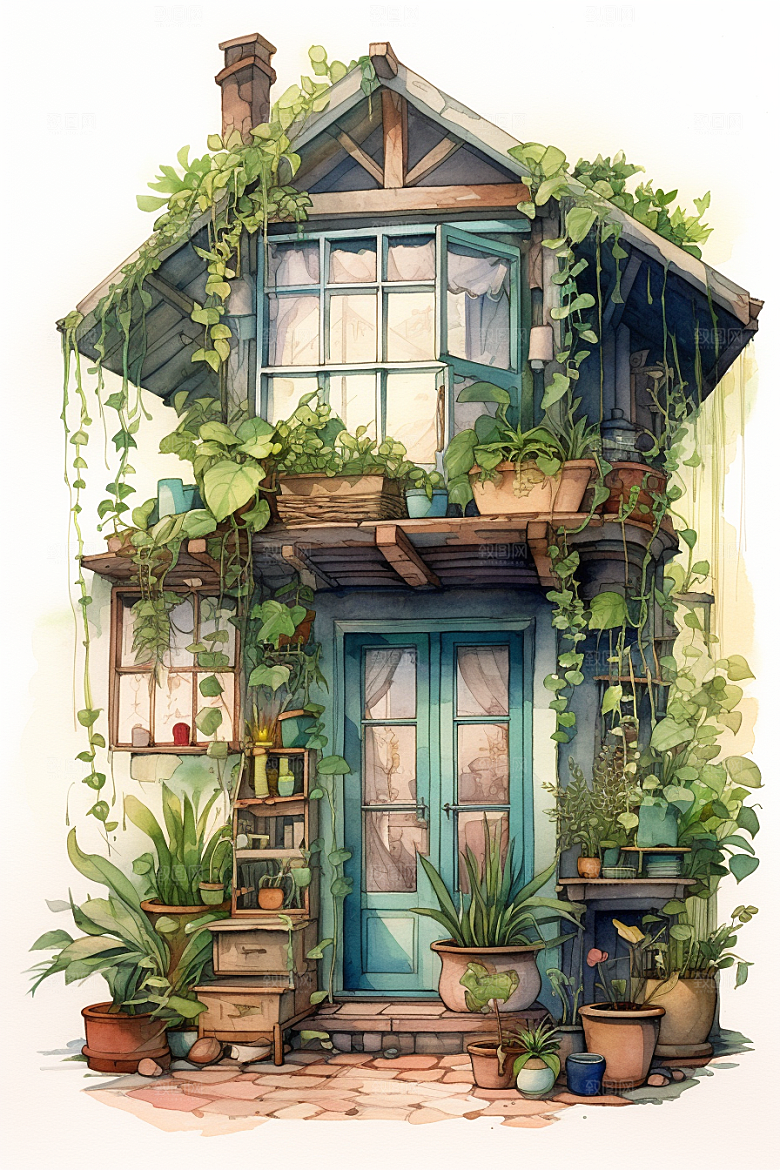 自然小屋花草绿色水彩插画