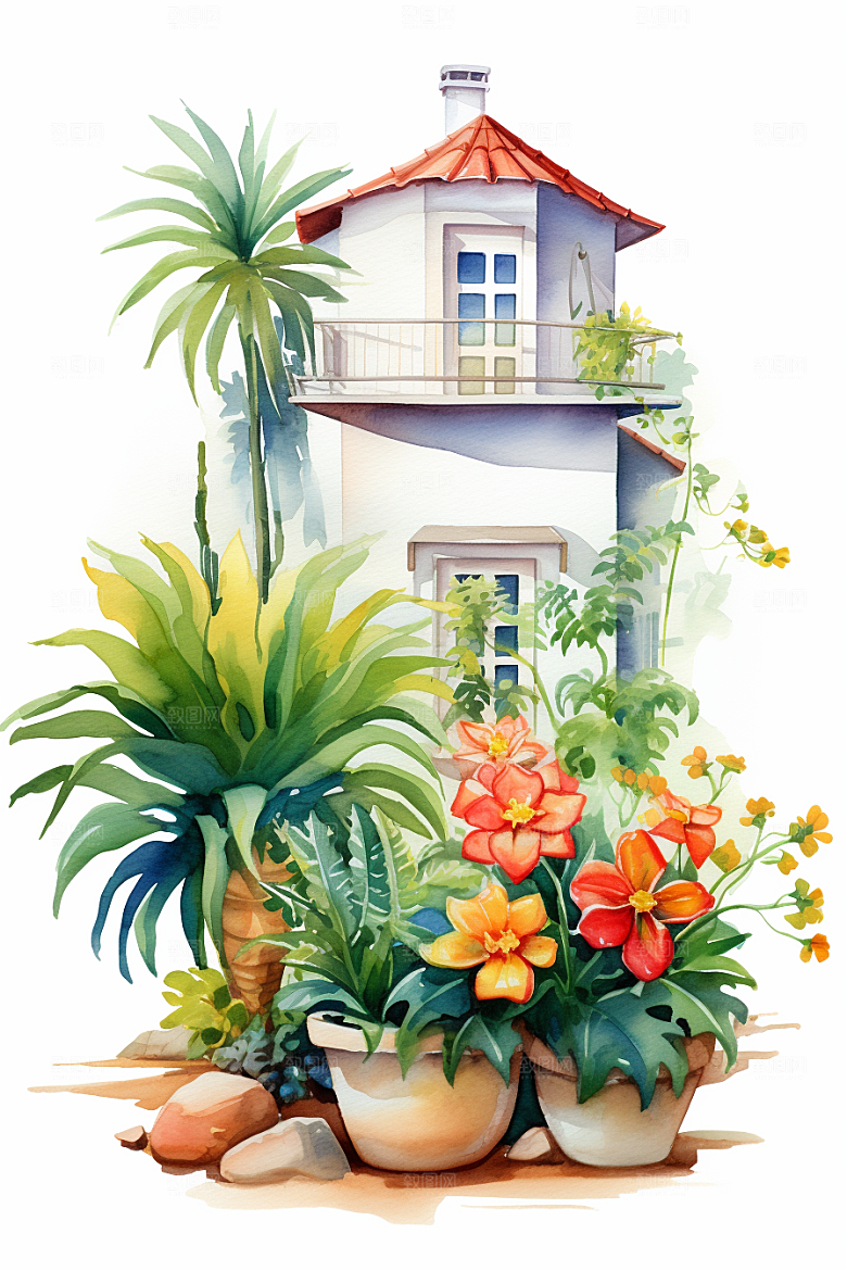 自然小屋花草唯美水彩插画
