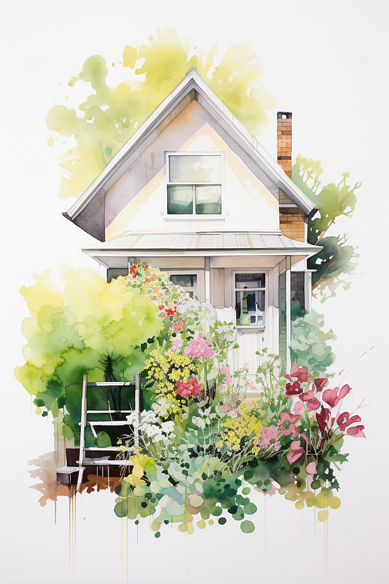 自然小屋小院绿植水彩插画