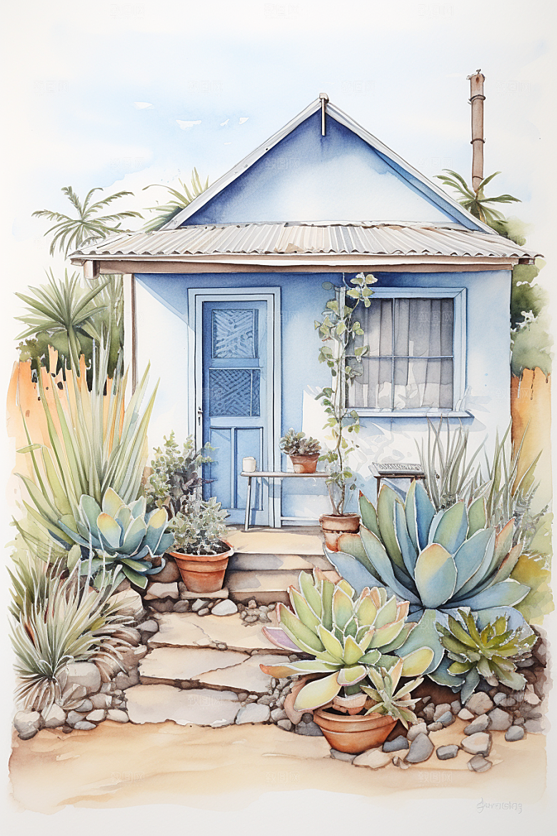 自然小屋手绘唯美水彩插画