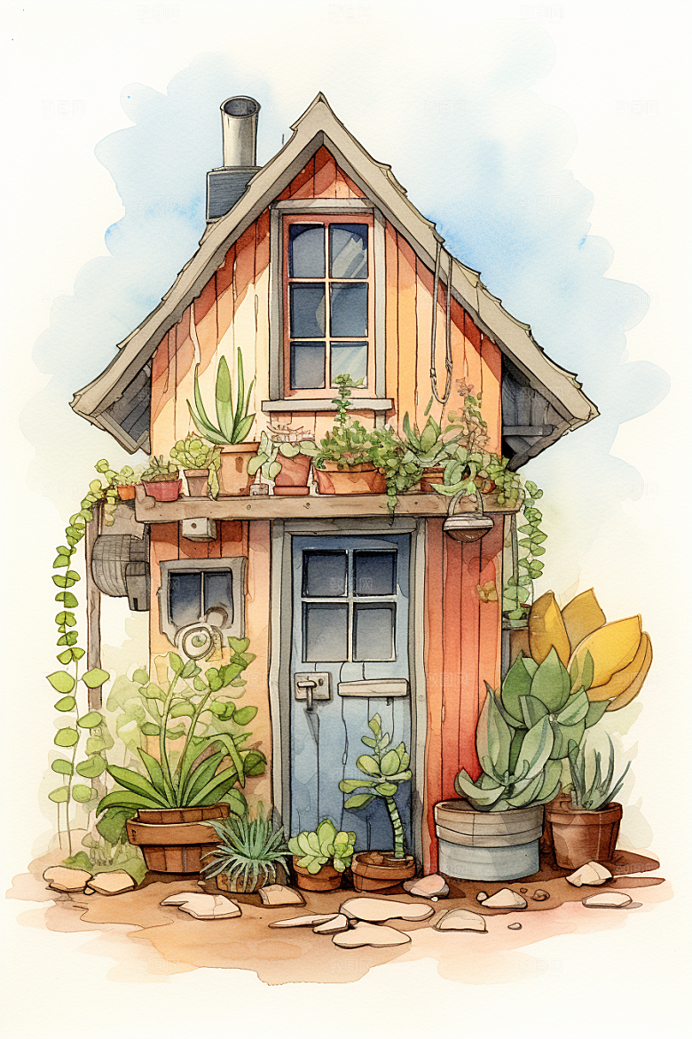 自然小屋绿植别墅水彩插画