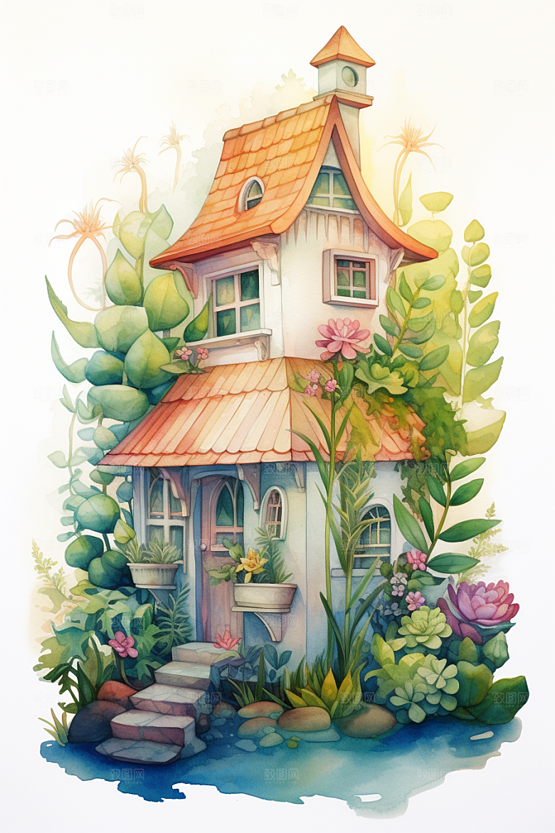 自然小屋庭院别墅水彩插画