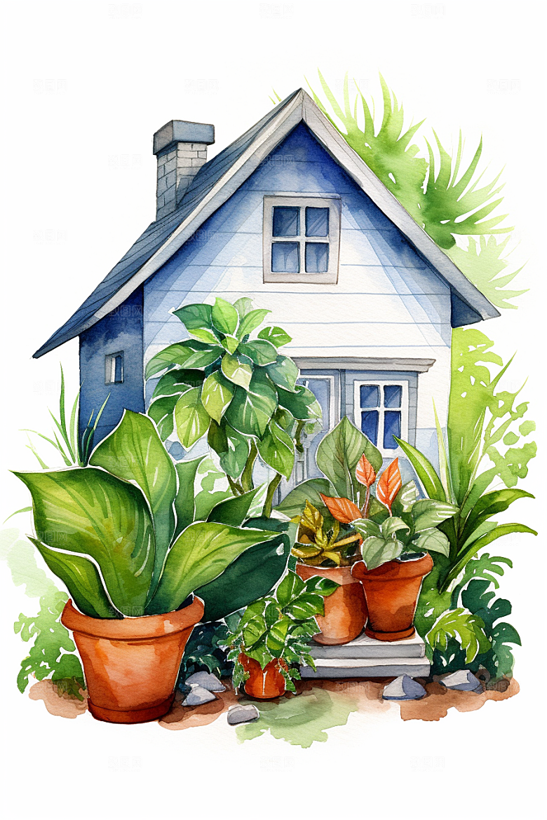 自然小屋别墅清新水彩插画