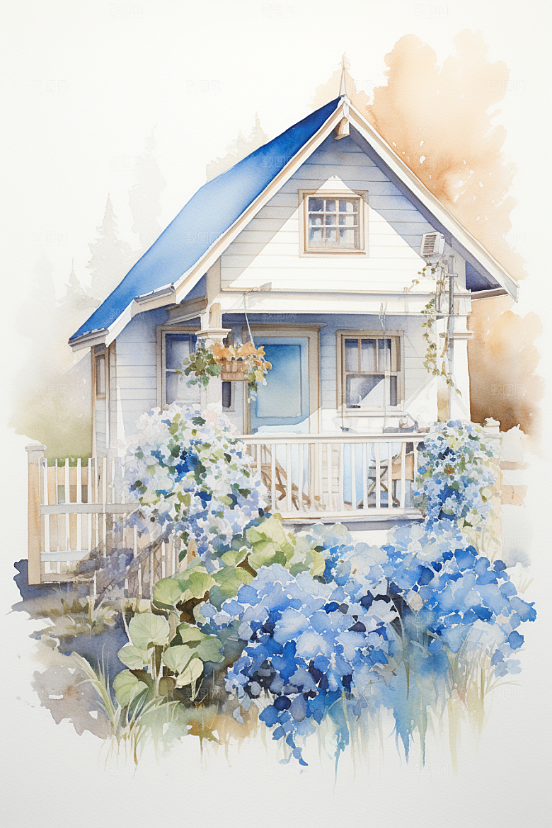 自然小屋植物别墅水彩插画