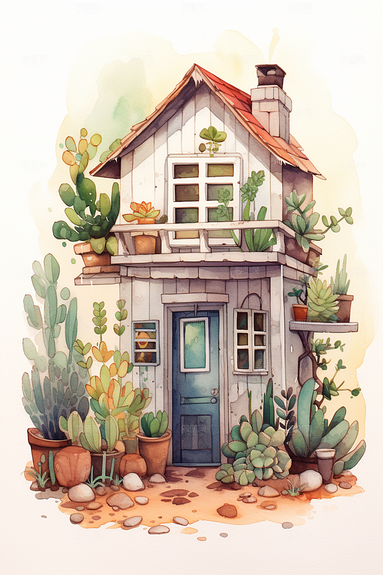 自然小屋植物小院水彩插画