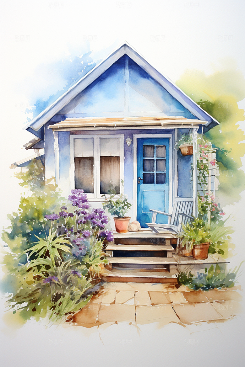 自然小屋植物庭院水彩插画