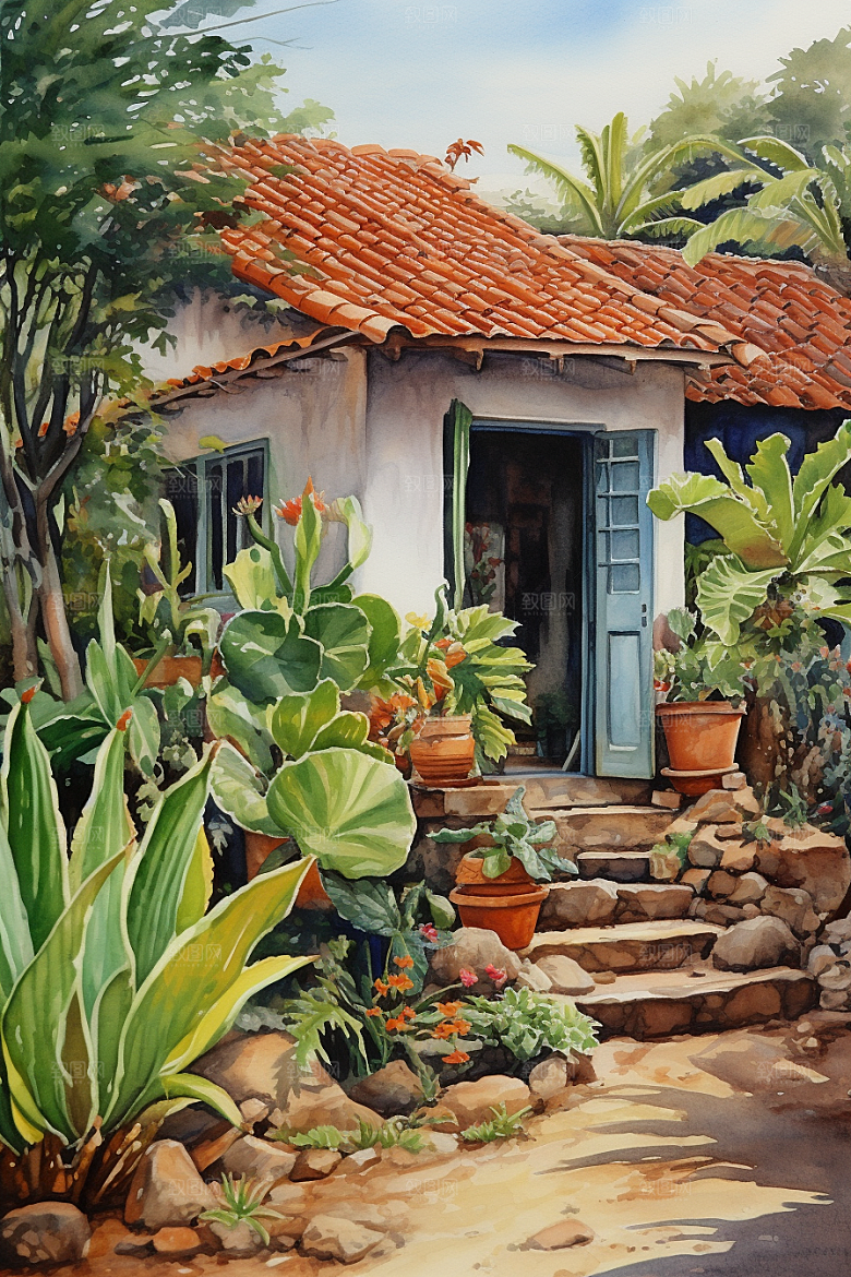 自然小屋唯美绿植水彩插画