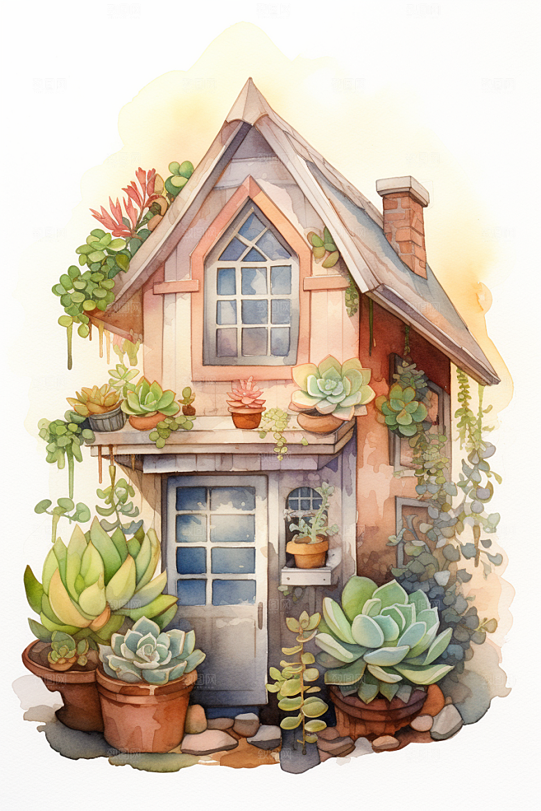 自然小屋高清庭院水彩插画