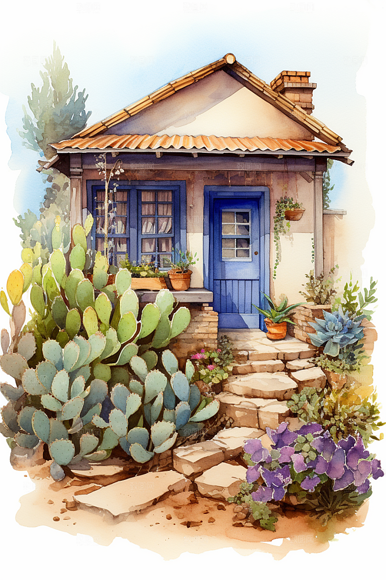 自然小屋绿植小院水彩插画