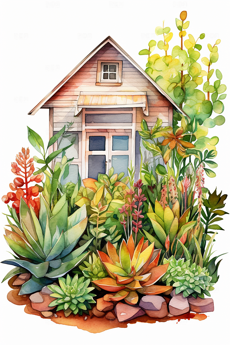 自然小屋清新绿植水彩插画