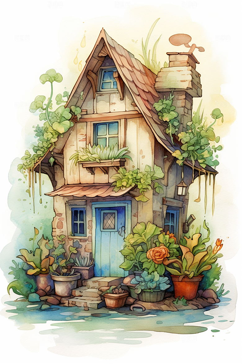 自然小屋花草清新水彩插画