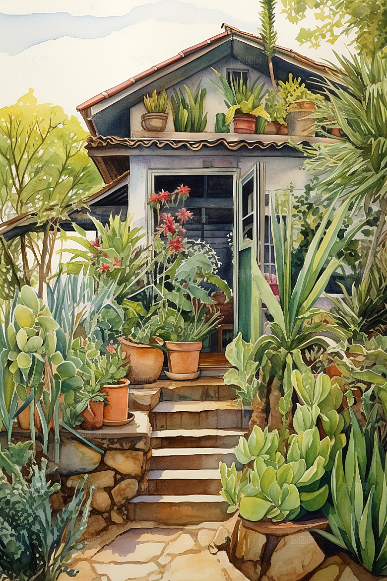 自然小屋植物别墅水彩插画