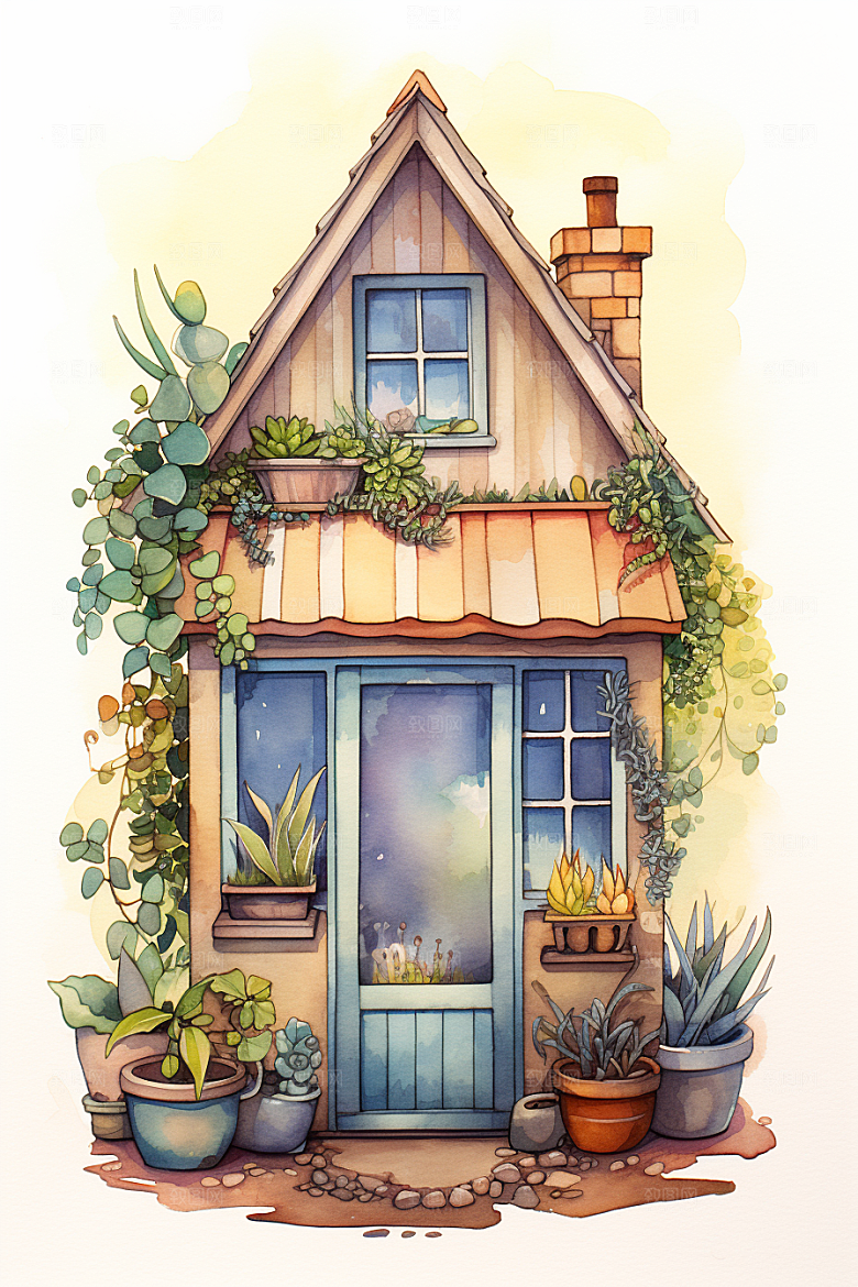 自然小屋庭院手绘水彩插画