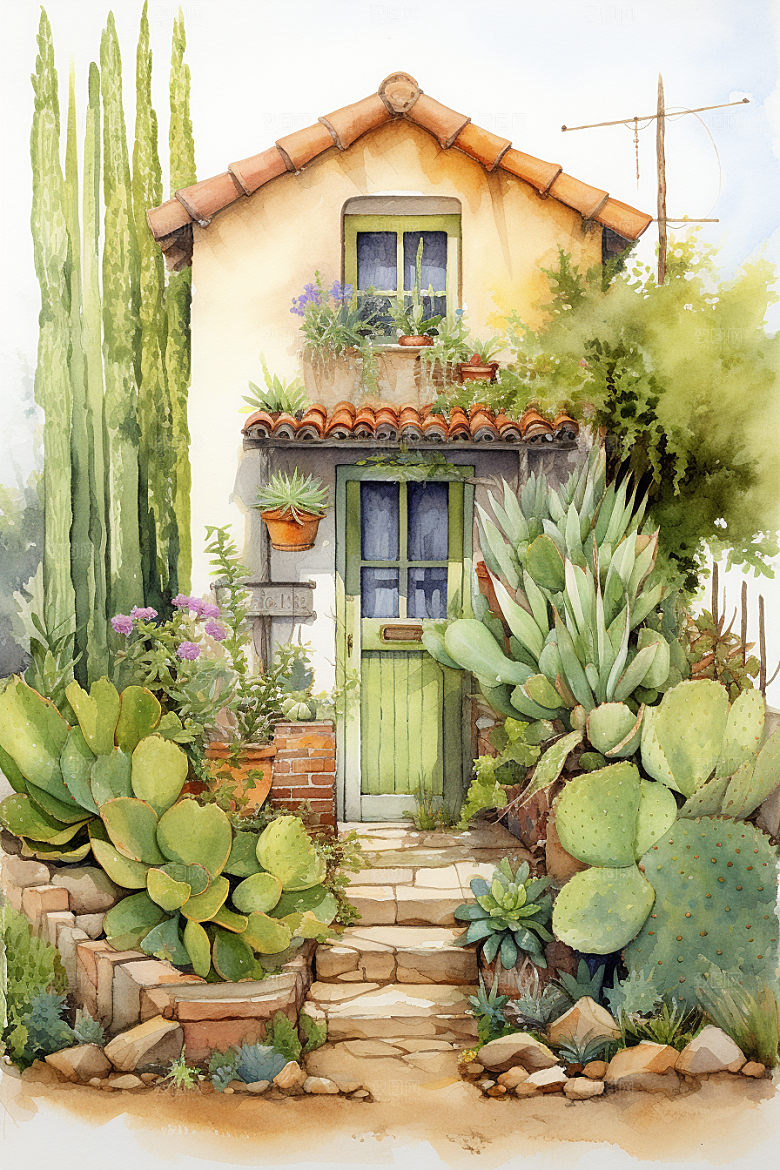 自然小屋庭院手绘水彩插画