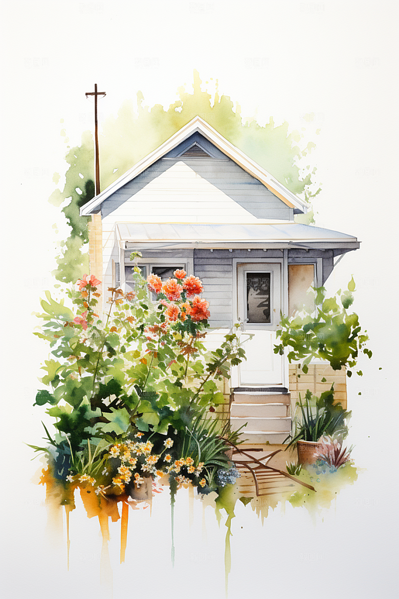 自然小屋绿色小院水彩插画