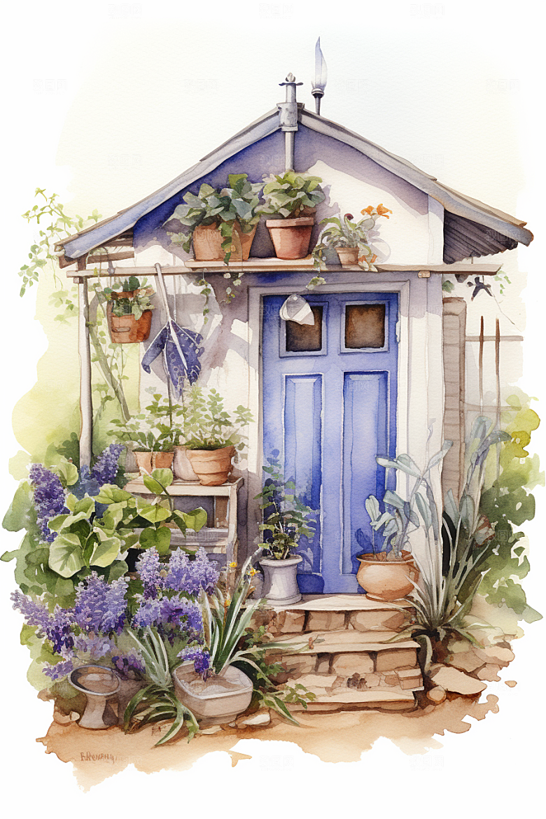 自然小屋高清别墅水彩插画