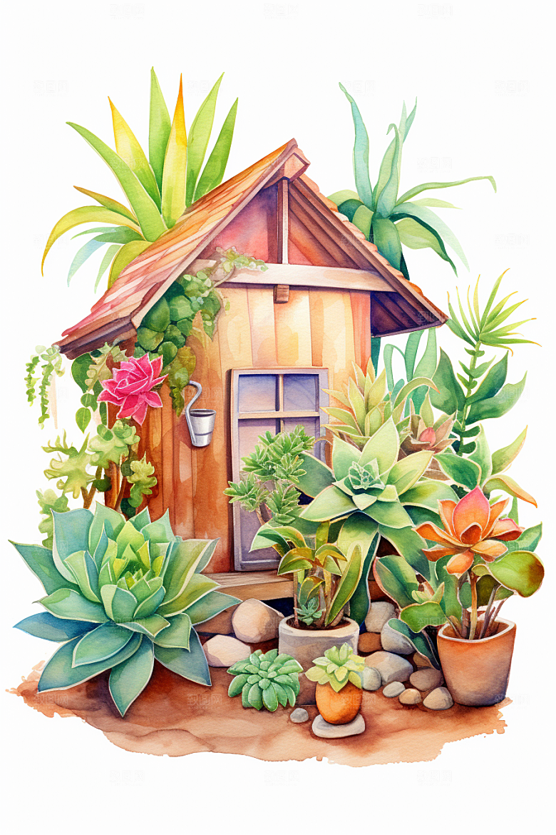 自然小屋高清清新水彩插画