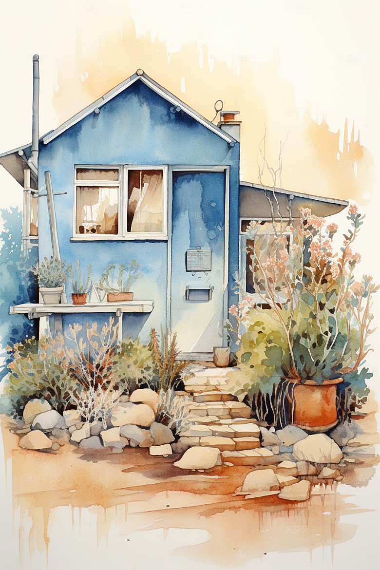 自然小屋手绘植物水彩插画