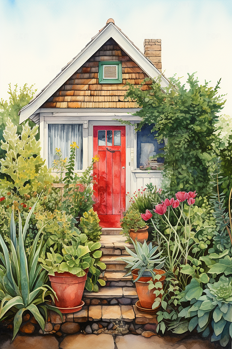 自然小屋绿植庭院水彩插画