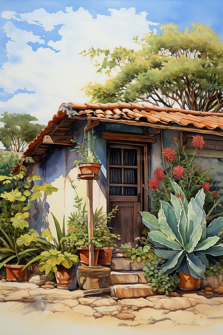 自然小屋别墅高清水彩插画