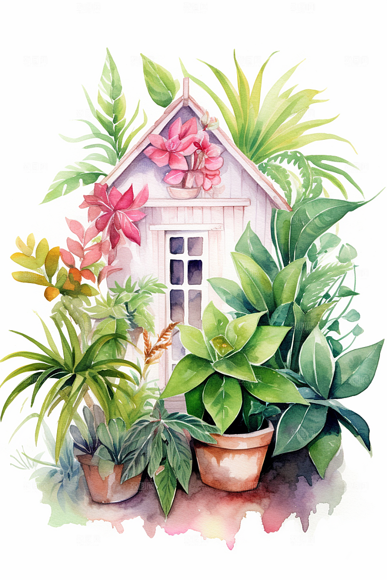 自然小屋高清唯美水彩插画