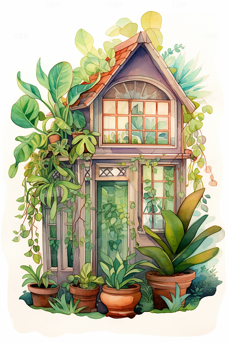 自然小屋花草别墅水彩插画