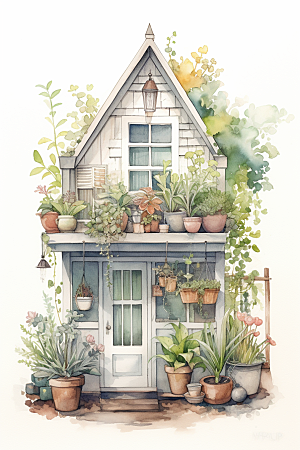 自然小屋手绘植物水彩插画