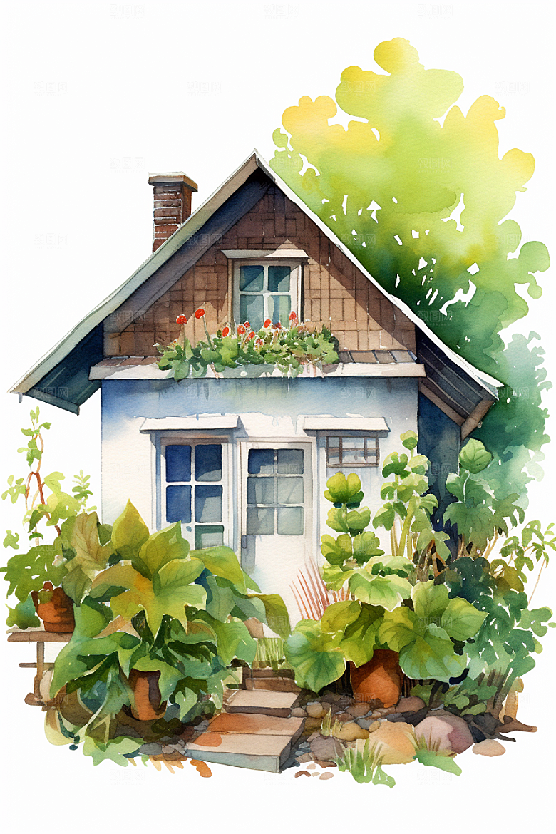 自然小屋绿植小院水彩插画