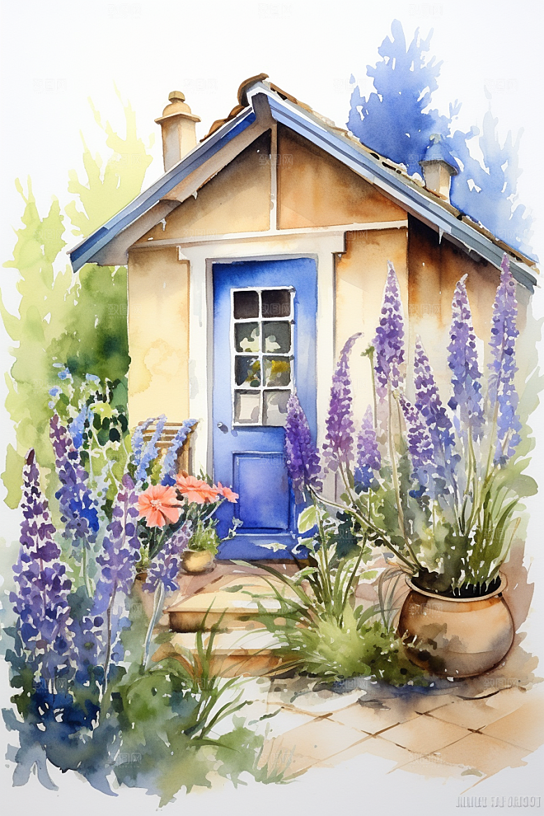 自然小屋庭院花草水彩插画