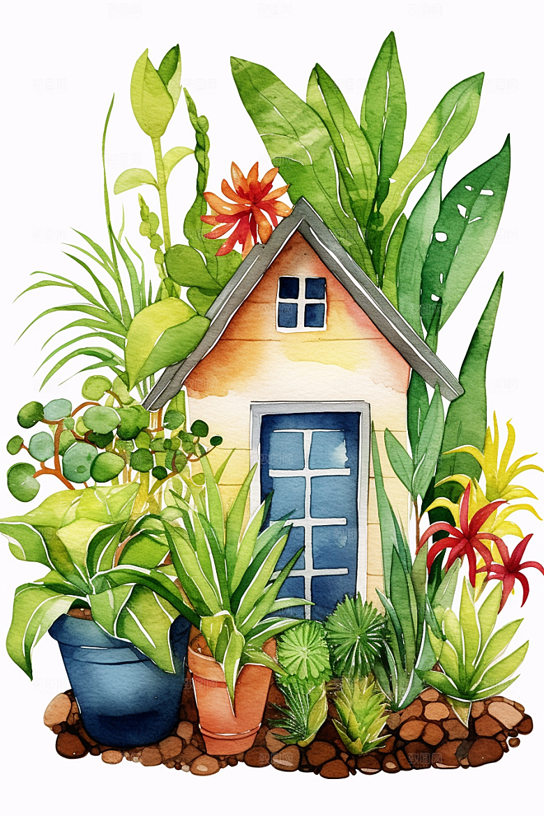 自然小屋别墅清新水彩插画