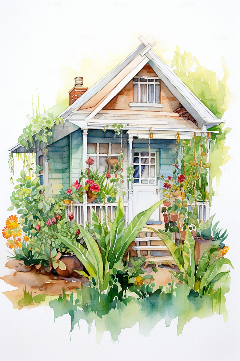 自然小屋高清植物水彩插画