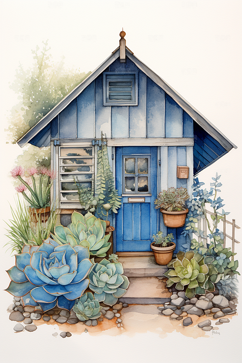 自然小屋庭院高清水彩插画