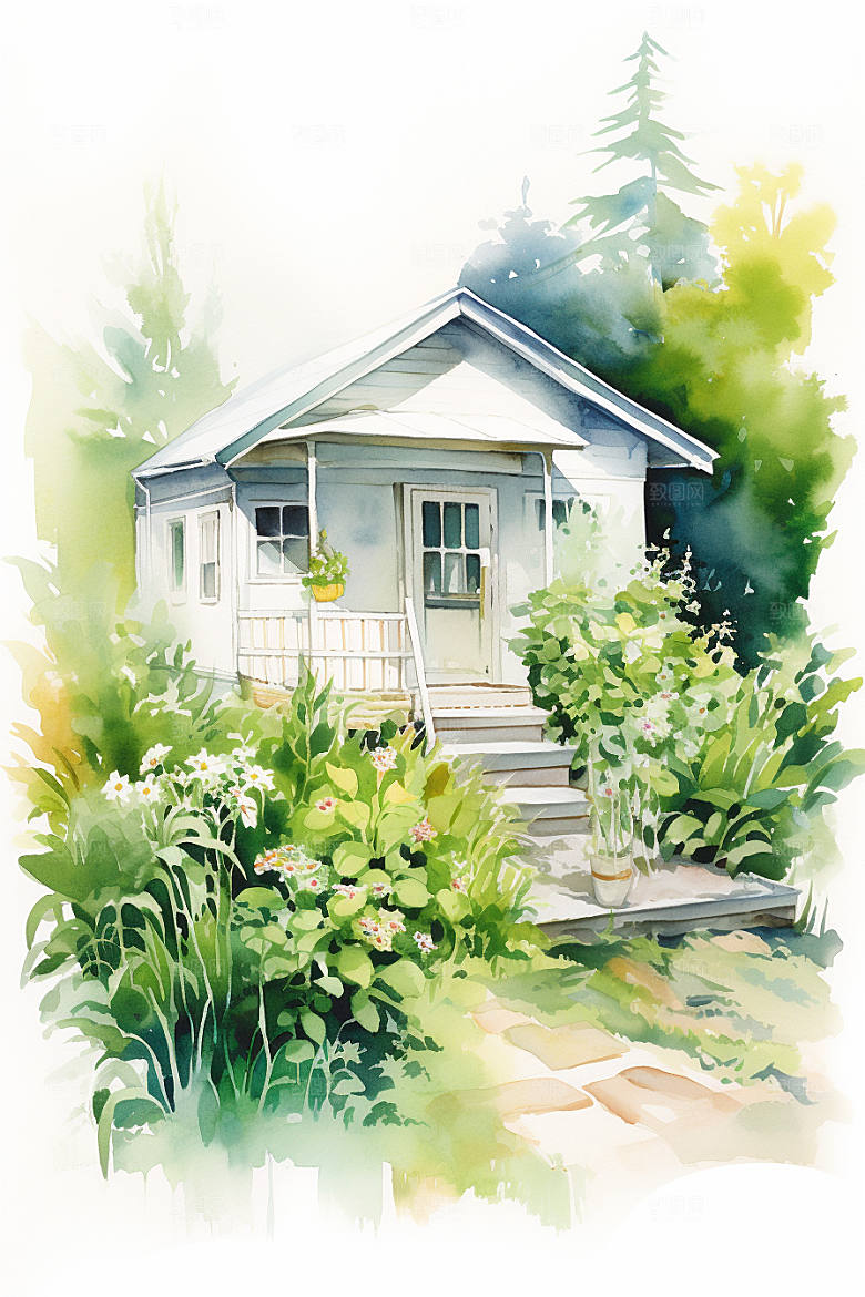 自然小屋花草绿色水彩插画