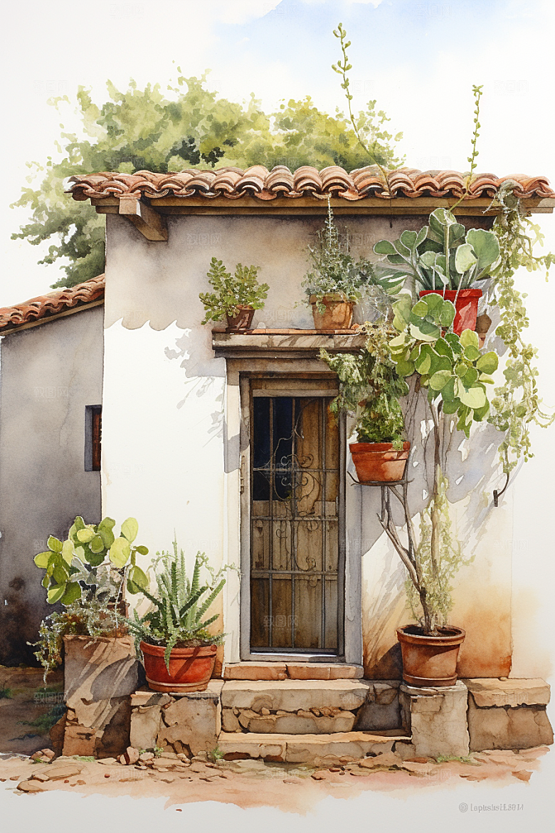 自然小屋唯美绿色水彩插画