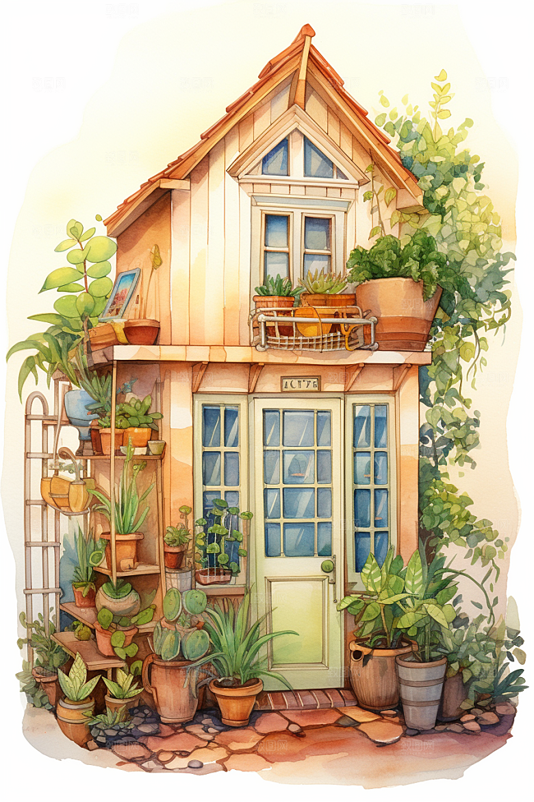 自然小屋绿色花草水彩插画