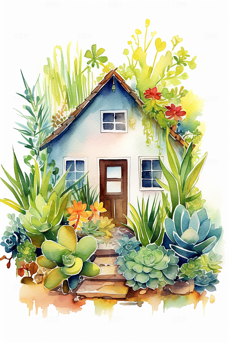 自然小屋绿色庭院水彩插画