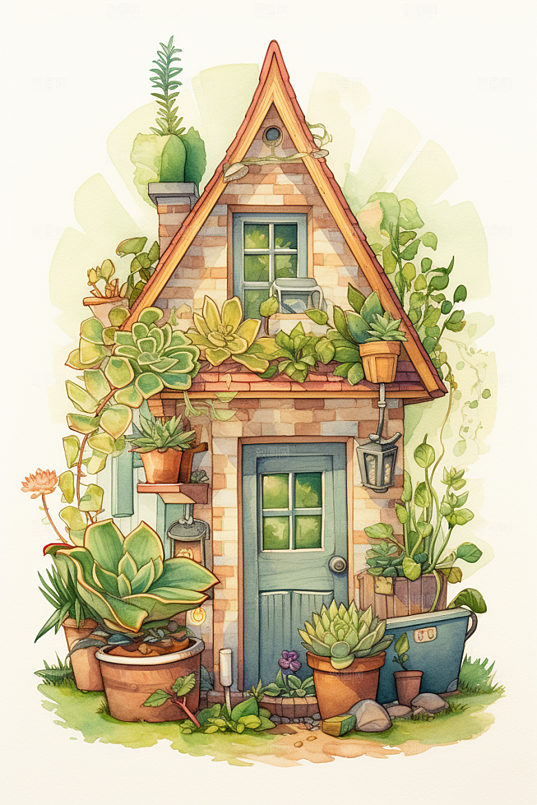 自然小屋手绘花草水彩插画