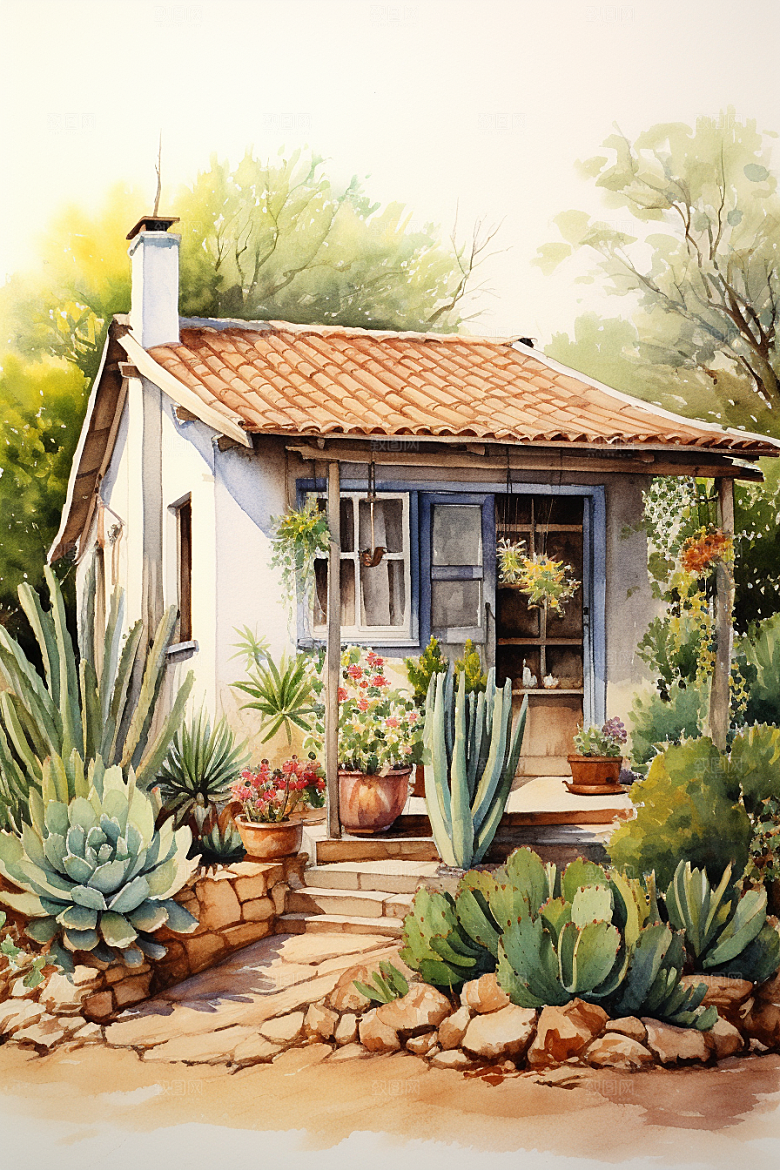 自然小屋花草唯美水彩插画