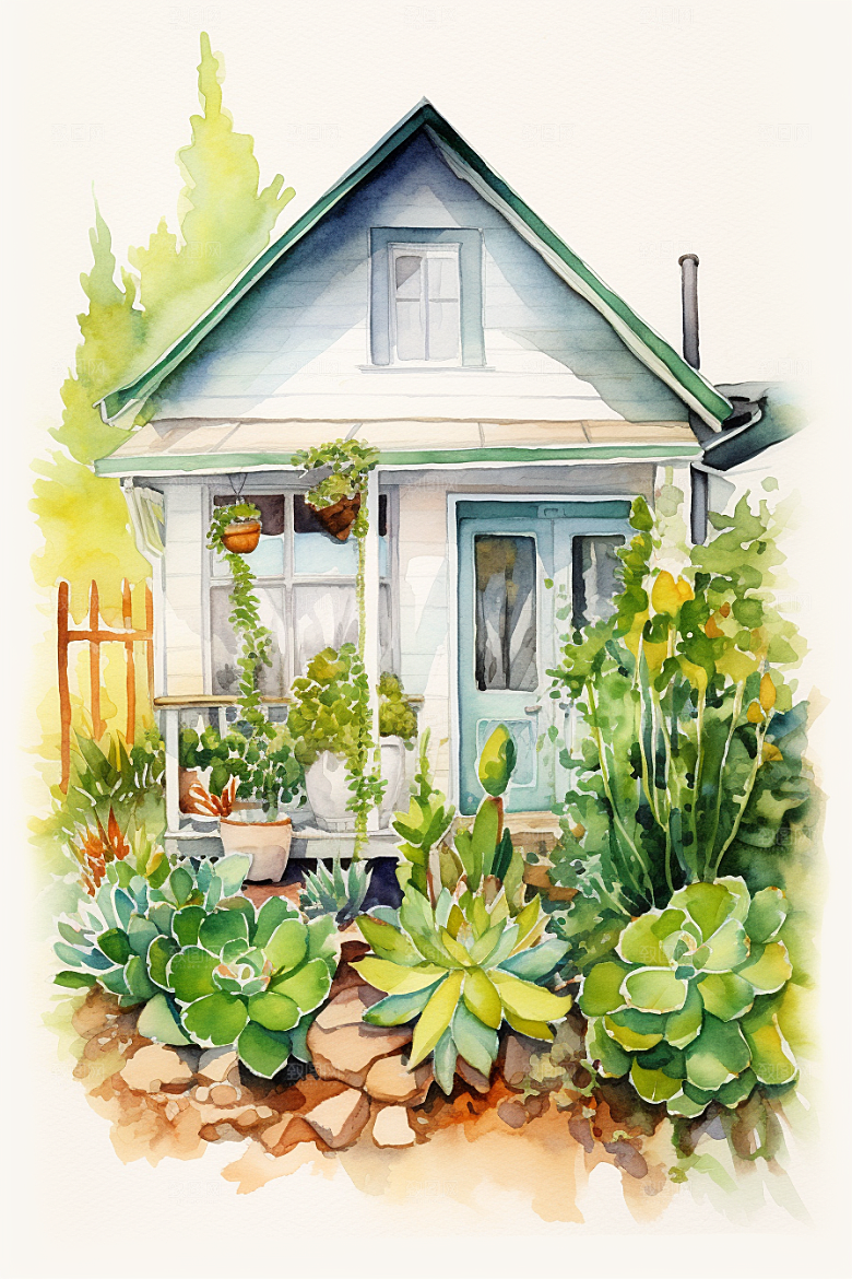 自然小屋绿色手绘水彩插画