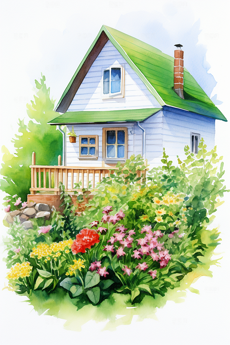 自然小屋绿植清新水彩插画