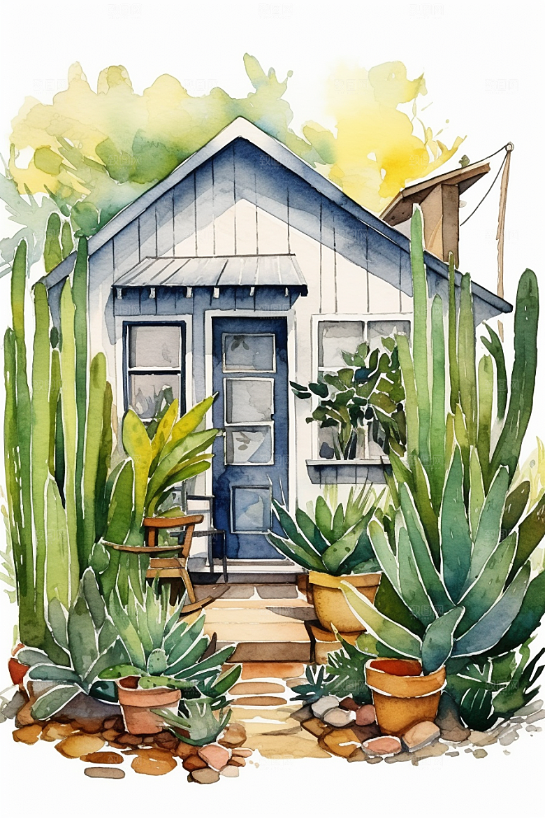 自然小屋唯美清新水彩插画