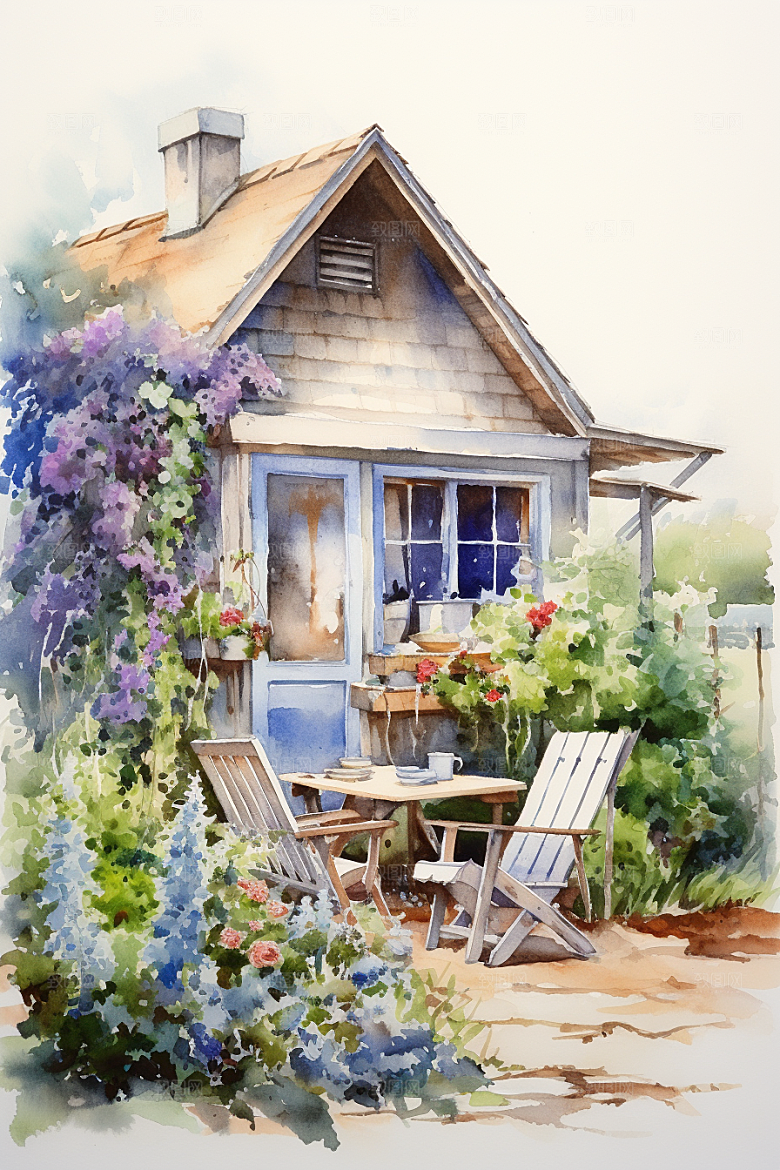 自然小屋植物别墅水彩插画