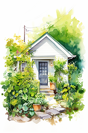 自然小屋小院绿植水彩插画